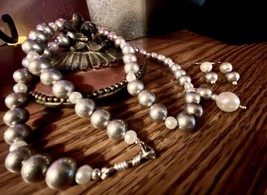 Reinvented Vintage Pearl and Steel Colored Beads Necklace Set - £11.99 GBP