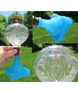 Antique BLUE OPALINE clear glass pedestal oil lamp 11&quot; tall OLD ATTERBUR... - $489.99