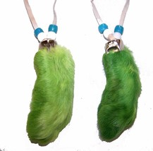 GREEN RABBIT FOOT NECKLACE w beads suede leather bunny feet jewelry mens womens - £3.68 GBP