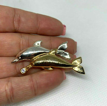 Silver Gold Tone Metal Rhinestone Dolphin Brooch Pin - £7.78 GBP