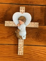 Gifts of Faith Marked Praying Boy w Teddy Bear in Heart Resin CROSS Wall... - £8.87 GBP