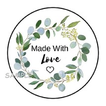 30 MADE WITH LOVE ENVELOPE SEALS LABELS STICKERS 1.5&quot; ROUND WREATH GIFT ... - $7.49