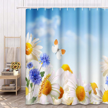 Spring Daisy Shower Curtain 72 X 72 Inch, White Yellow Floral Butterfly Shower C - £23.42 GBP