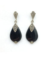 MARCASITE &amp; sterling silver teardrop earrings - 1-3/8&quot; dangle black glas... - £19.60 GBP