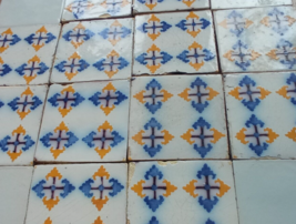 16 Original antique tiles Ca1870 France Pas Calais Provecal blue &amp; yellow cross - £338.62 GBP