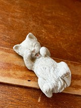 Sandra Brue Signed Cute Cream Clay Frolicking Kitty Cat w Paw Over Eye Figurine - $11.29