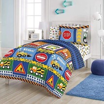 Kids Construction Bedding Set 5-Piece Super Soft Microfiber Comforter Twin Blue - £46.58 GBP