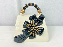 David&#39;s Cookies Black &amp; Gold Ribbon Cream Purse Ceramic Cookie Jar 6 1/2” Tall ! - £14.00 GBP