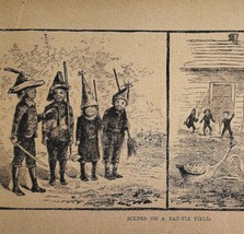 1872 Children Witches Warriors Playing War Victorian Print Farm Halloween - £19.97 GBP