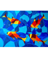 Original abstract fish painting 24 x 18 blue red yellow prints available - £318.94 GBP