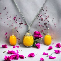 Art deco Sterling Silver Large Amber Egg Necklace 20” and earrings - £179.32 GBP