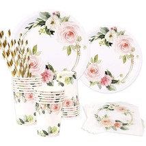 Floral Paper Plates, 24 Guests, Dinner Plates, Dessert Plates, Cups, Gold Paper  - £31.63 GBP