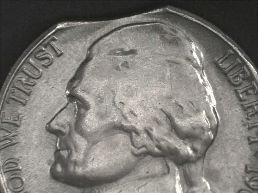 1964-D Nickel CURVED CLIP - JEFFERSON NICKEL - MINT PLANCHET ERROR  20200078 - $19.99