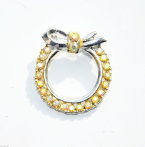 Amazing vintage yellow rhinestone round brooch pin gold tone metal bow - £2.37 GBP