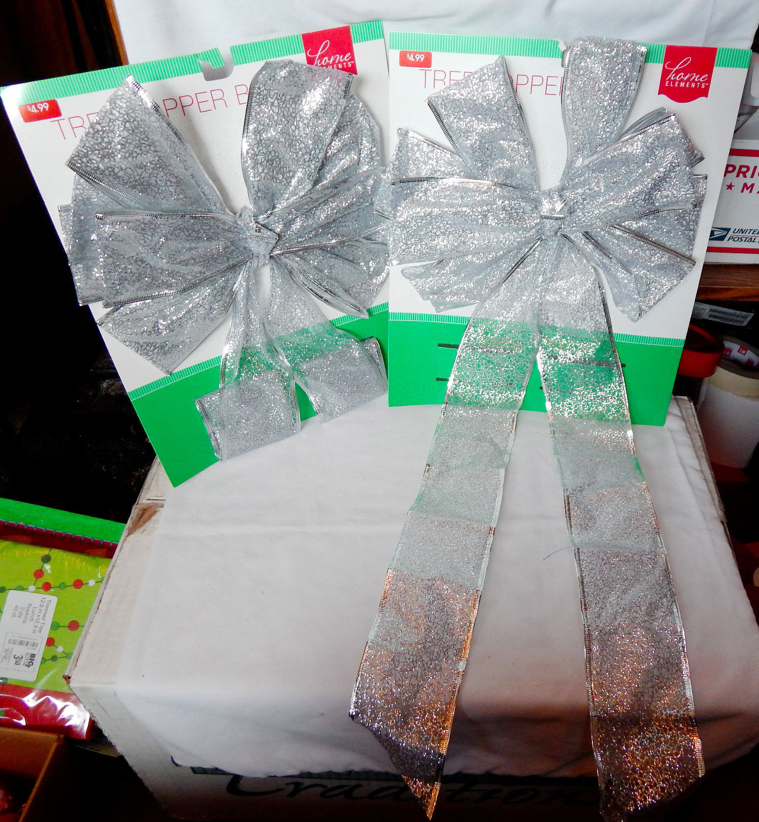 Christmas Tree Topper Bows 24&quot; x 11&quot; 2ea Silver With Glitter Wired 30L - $5.89