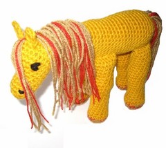 Crocheted Stuffed Fantasy Horse Golden Yellow With Red Sparkle Highlight Mane - £27.52 GBP
