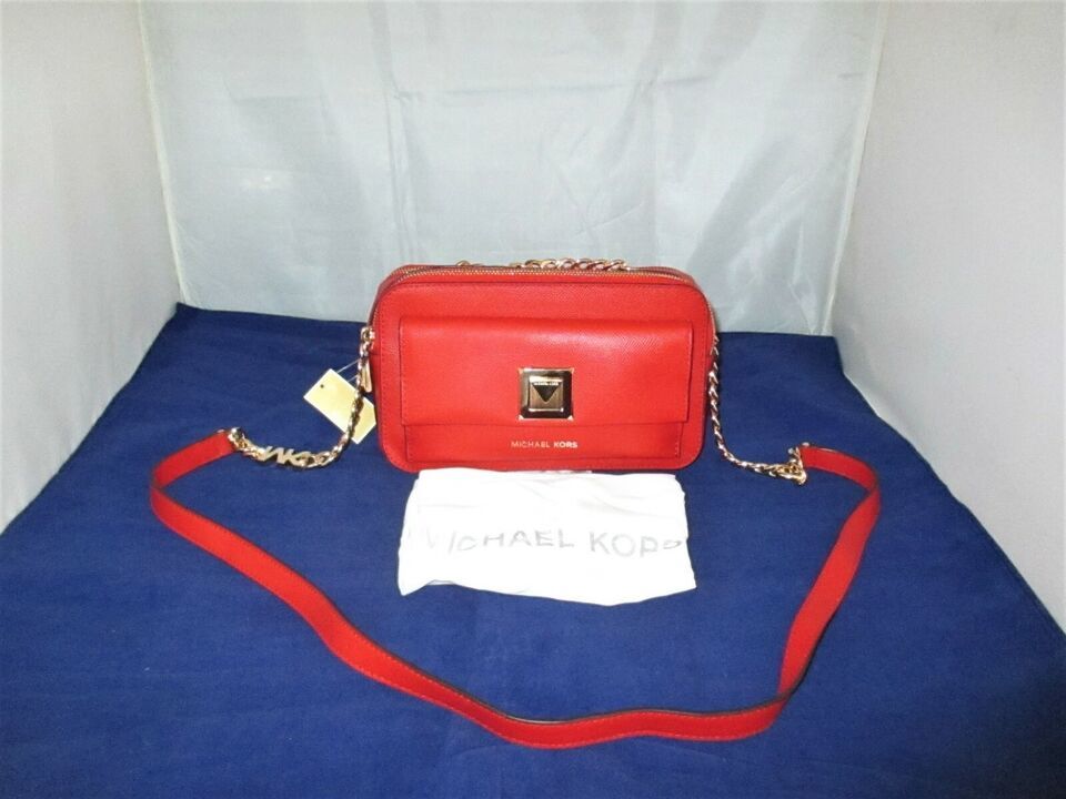 Primary image for Michael Kors Double Zip Leather Crossbody Bag Messenger $248 Bright Red  #3288
