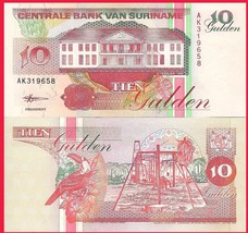 Suriname P137b, 10 Gulden, banana stalk, bank / Toucan, hibiscus flower UNC UV - £1.55 GBP