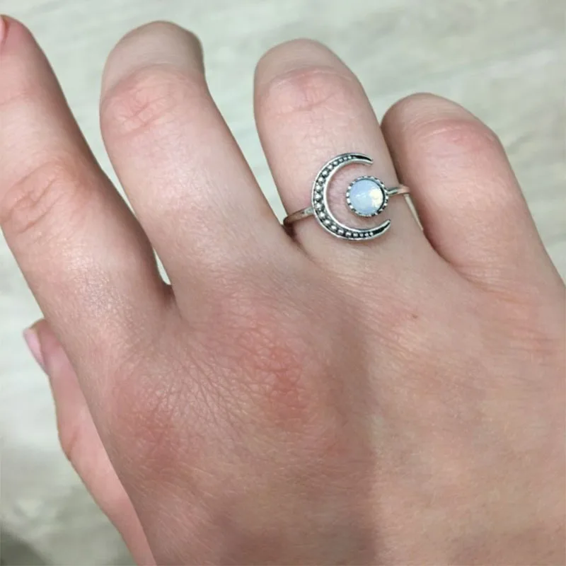 Female Small Moonstone Open Adjustable Ring Silver Color Bridal Engagement Ring  - £13.57 GBP