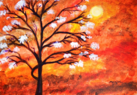 Original Abstract Painting titled Blossom orange white tree sunset landscapeSALE - £236.25 GBP