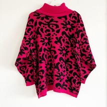 Vintage 80s Contempo Casuals Hot Pink Black Acrylic Sweater Flowers Abstract S - £37.36 GBP