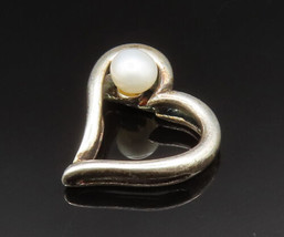 925 Silver - Vintage Dainty Cultured Pearl Floating Love Heart Pendant - PT20838 - £21.79 GBP