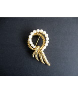 Vintage Crown Trifari Gold Tone Double Circle Brooch Pin with Faux Pearls - £19.63 GBP