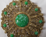 Faux Peking Green Cabochon 2 1/2&quot; Circle Medallion Necklace Gold Chain B... - $29.69