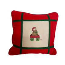 Red Green Trim 11&quot;X11&quot; Christmas Pillow With Bear in Red Wagon Cross Stitch - $12.57