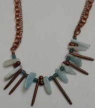 Bronze Tone Double Chain Necklace Blue Gemstones Beads - £19.71 GBP