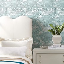 Roommates Rmk11902Rl Teal And White Asian Waves Peel And Stick Wallpaper - $44.99