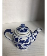 Andrea by Sadek Miniature Teapot Porcelain White with Blue Leaf  Design - $19.80