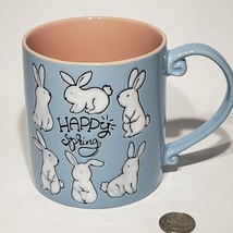Happy Spring Bunny Mug Embossed Enamel 22 oz Blue White Mug Easter Bunnies - $22.95