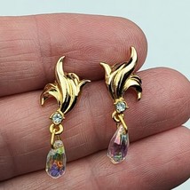 Gold Toned Drop Elegant Stud Earrings Aurora Borealis Clear Rhinestone Dangle - £7.43 GBP