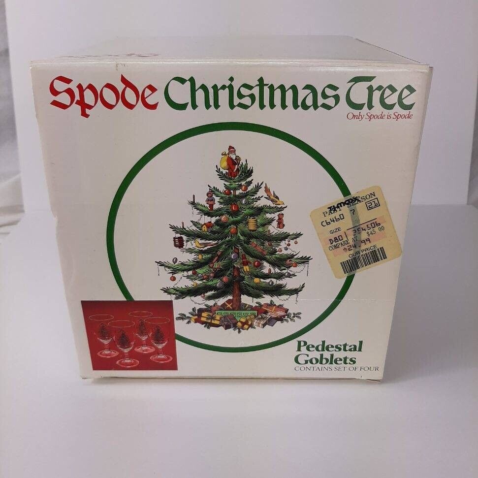 Spode Glass Christmas Tree Pedestal Water Goblets Gold Rim Set of 4 In Box VTG - $29.69