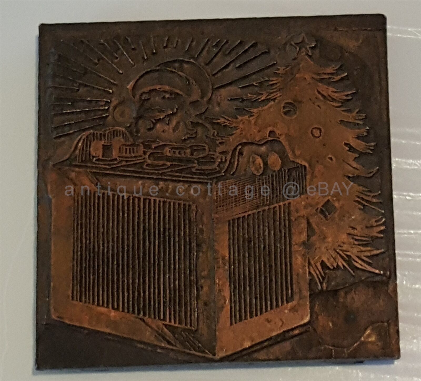 Primary image for antique PRINTERS BLOCK letterpress CHRISTMAS SANTA TREE CAR BATTERY AD metal