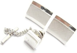 Curved Brushed &amp; Smooth Cufflink &amp; Neck Tie Pin Tack Set Silver Tone Shi... - £23.59 GBP