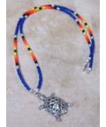 New 1.5&quot; Silver Tone Turtle Pendant &amp; 22&quot; Blue Beaded Necklace C Johnson - $33.86 CAD