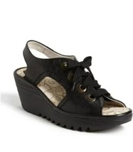 FLY London Ylfa Wedge Black Leather Lace Up Sandals Size EU 41 | US 10 - £52.95 GBP