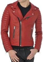 Red Men&#39;s Jacket Genuine Lambskin Leather Motorcycle Biker Handmade Casual Style - $107.30