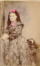 Pretty Young Woman Dress busy Pattern Tint Pink Scarf Bow CDV Photo Bethleham PA - £13.59 GBP