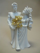 Statue Figurine Poly Resin Bride &amp; Groom All White Gold Flowers Cake Topper - $11.00