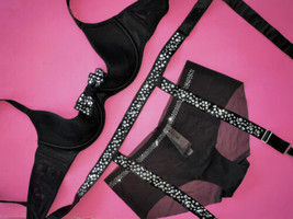 Victoria&#39;s Secret quarter cup 1/4 34DD,36C BRA SET+garter+M panty crystal bow - £94.83 GBP