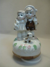 Music Box Wind Up Figurine Little Boy With His Arm Around Girl Dog Ceramic Porce - £7.86 GBP