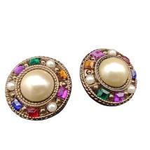 Vintage 80s Jewel &amp; Faux Pearl Bronze-tone 1.75&quot; Clip-On Earrings Estate Jewelry - £23.20 GBP