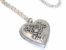 Heart Shaped Photo Locket Necklace with Vintage Style Rose Designs - $22.00