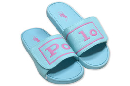 Polo Ralph Lauren Kids Girls Blue Pink Split Box Logo Slide Slippers, Sz 4 Kids - £35.04 GBP