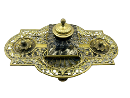 ORMOLU Gilt Bronze Antique Inkwell Victorian with Center Swirl Glass Pot - £99.90 GBP