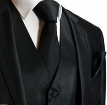 New MEN&#39;S BLACK Tuxedo Dress Vest Waistcoat and Neck tie &amp; Hankie 10B (3pcs Set) - £17.39 GBP+