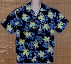 Pineapple Connection Hawaiian Shirt Blue Green Floral Swirls Size Medium - £17.18 GBP